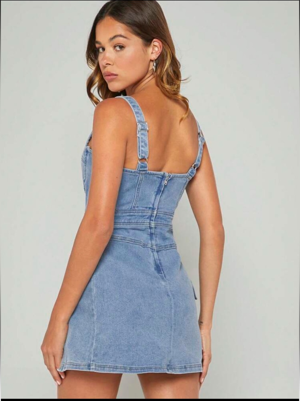 Denim Mini Dress with High Thigh Split - Picture 2 of 5
